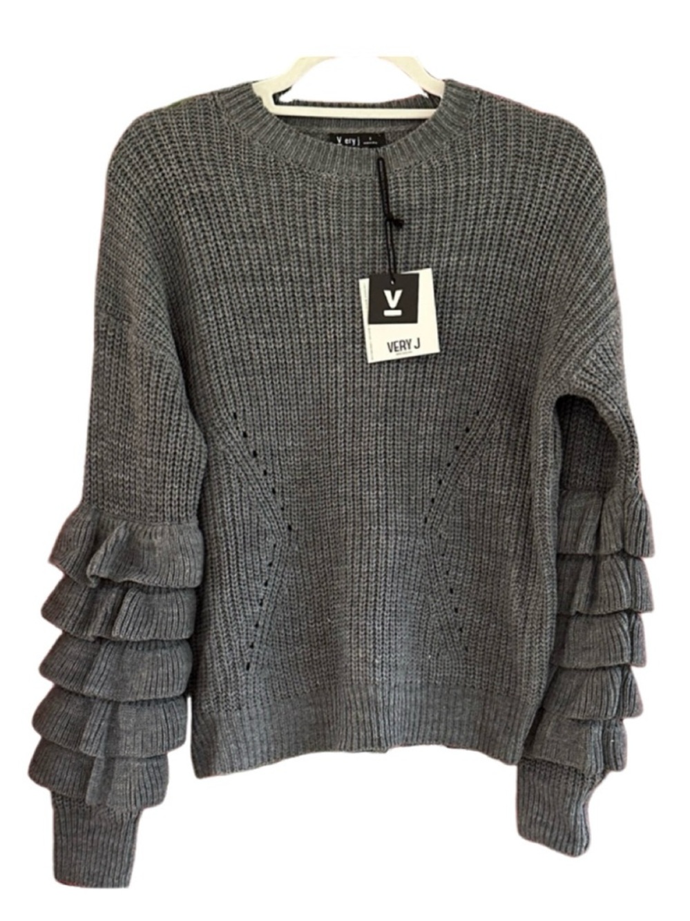 Very J Charcoal Ruffle Sleeve Sweater NWT